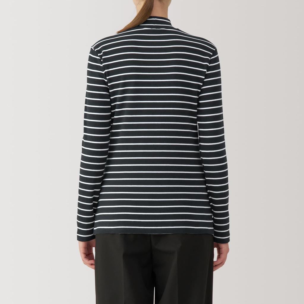 MUJI Brushed Milled Knit Black Size BB2QDA4A Women's High-Neck Long-Sleeve T-Shirt, Striped, L,