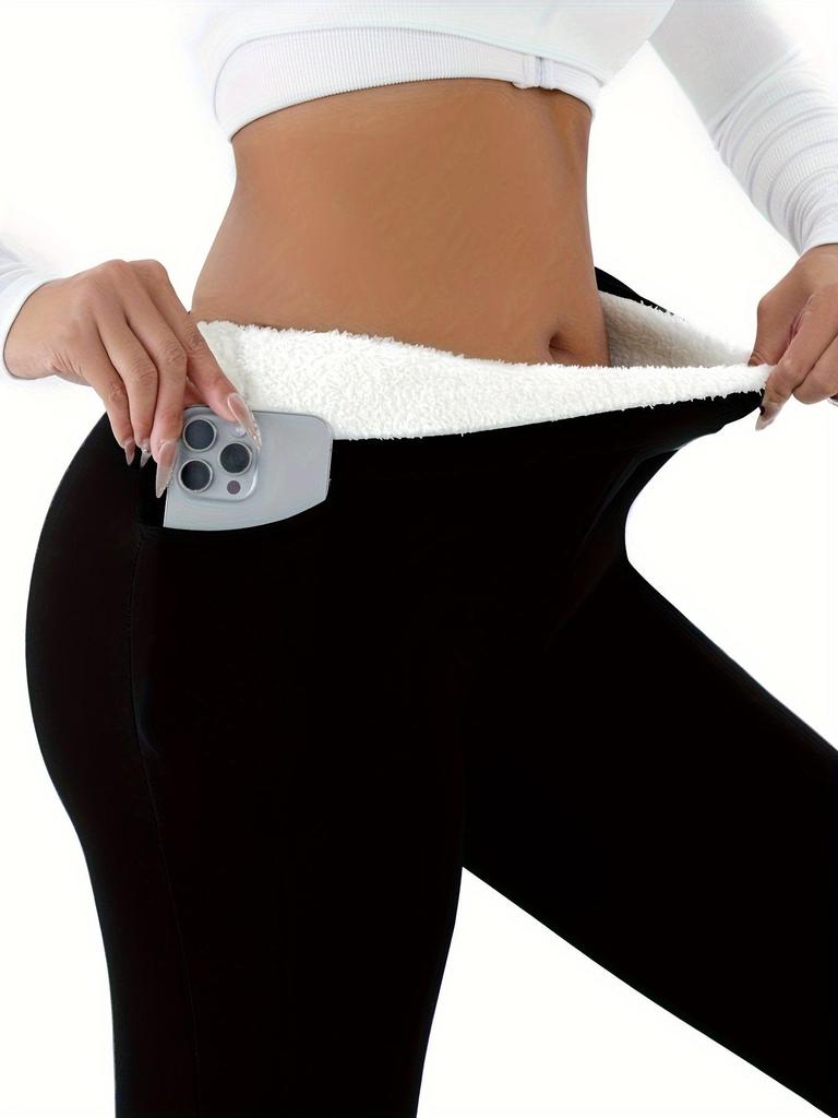 Colanți de damă cu talie înaltă căptușiți cu fleece și buzunare - Pantaloni sport calzi, subțietori