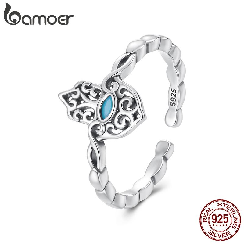Bamoer 925 Silver Twisted Hamsa Hand Ring Retro Turquoise Adjustable Open Ring for Women Family Guarding Party Gift