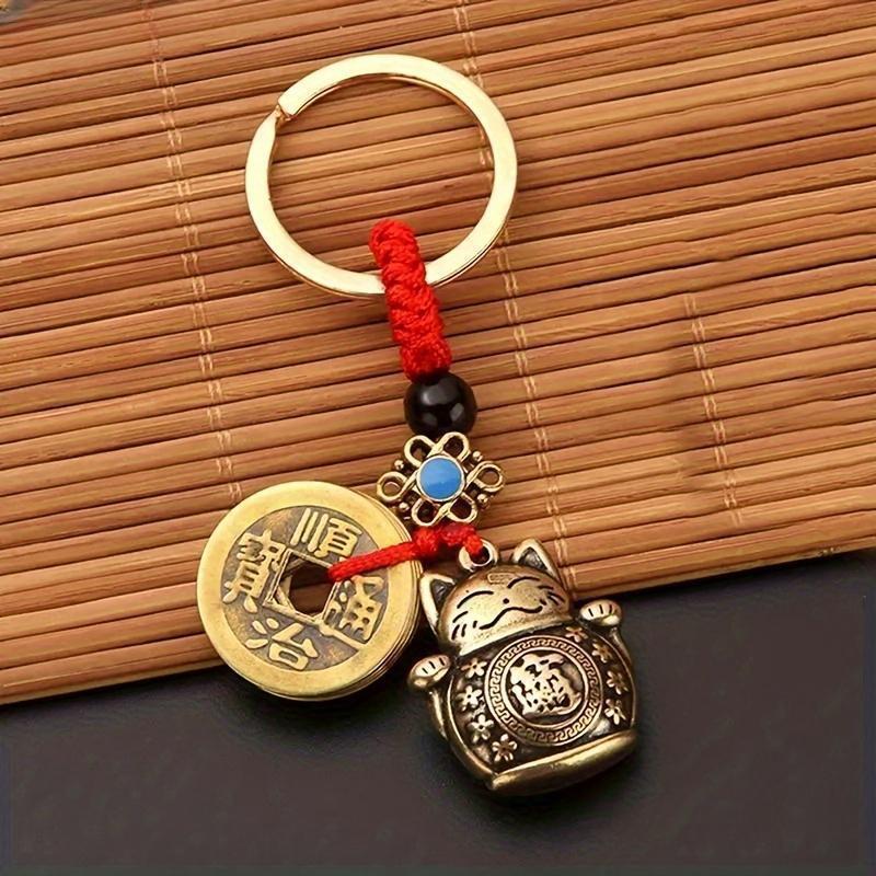 Brass Maneki Neko Lucky Cat Keychain with Feng Shui Coins, Feng Shui Chinese Good Luck Charm Keychain Hanging Ornament Xmas Gift