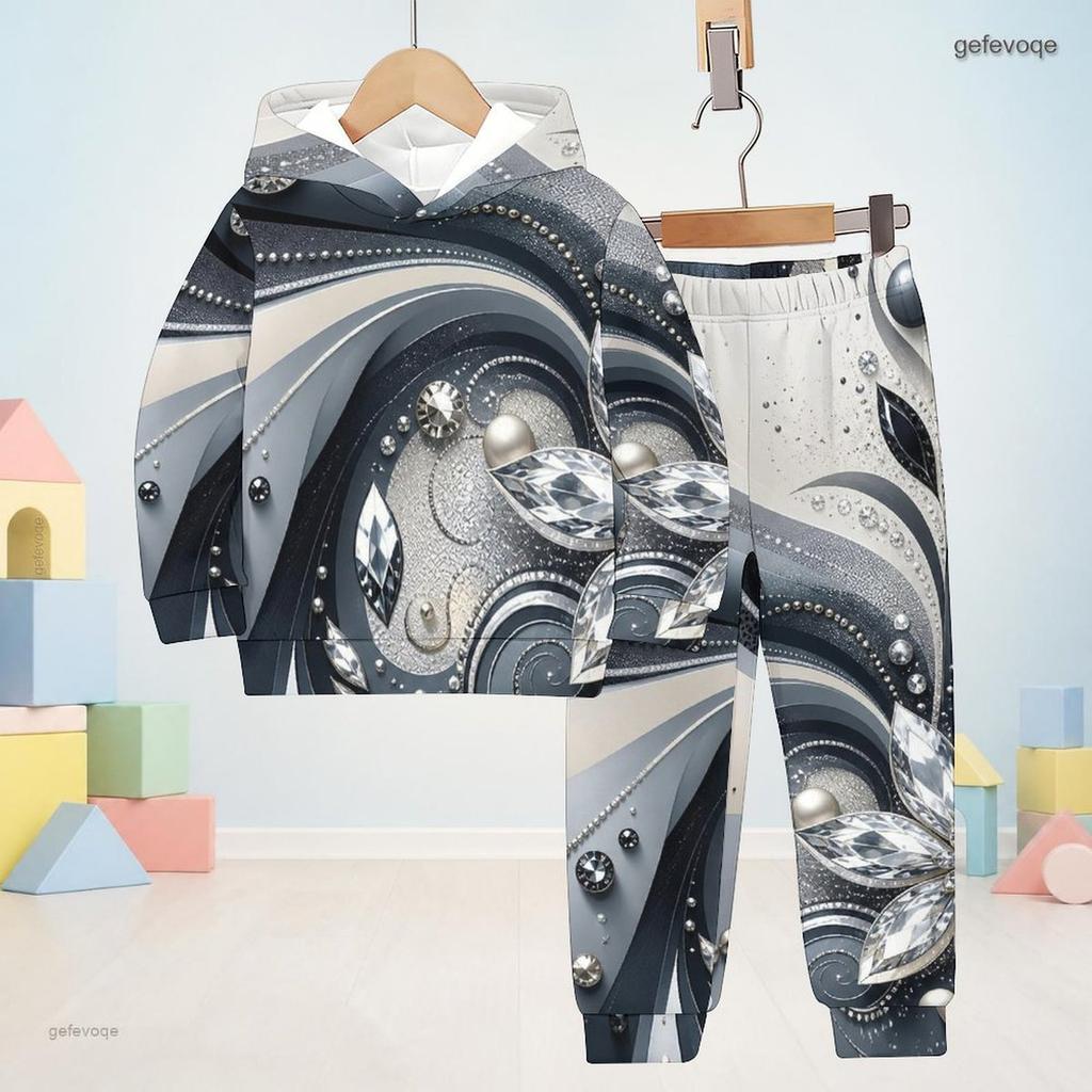Kids Boys Girls Hooded Long Sleeve Printed Two Piece Set Black Gold Sweatshirt Cuffed Pants
