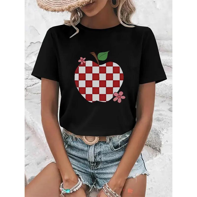 

[Women s Checkered Apple Tee] Women s Red and White Checkered Apple Graphic T-Shirt - Soft, Breathable, Casual Short Sleeve Tee for Casual Attire, 4XL чорний