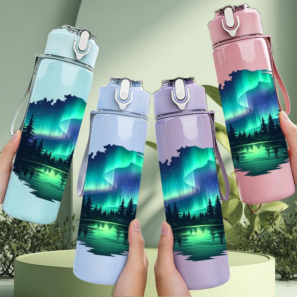 1PC Aurora Borealis Night Sky Scenery Print 750ml Color Plastic Sports Water Bottle Leakproof Flip Straw Lid Suitable for Sports Office Home Use
