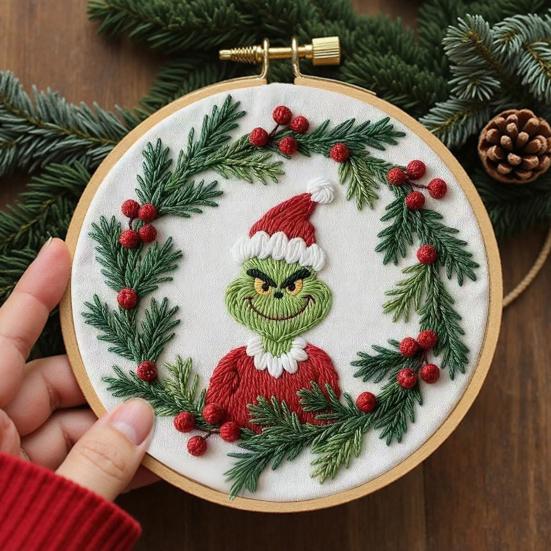 1 Set Christmas Embroidery Kit Adults Beginners Green Hair Elf Wreath Pre-Stamped Cross Stitch Craft Embroidery Starter Kit DIY Enthusiasts Gift