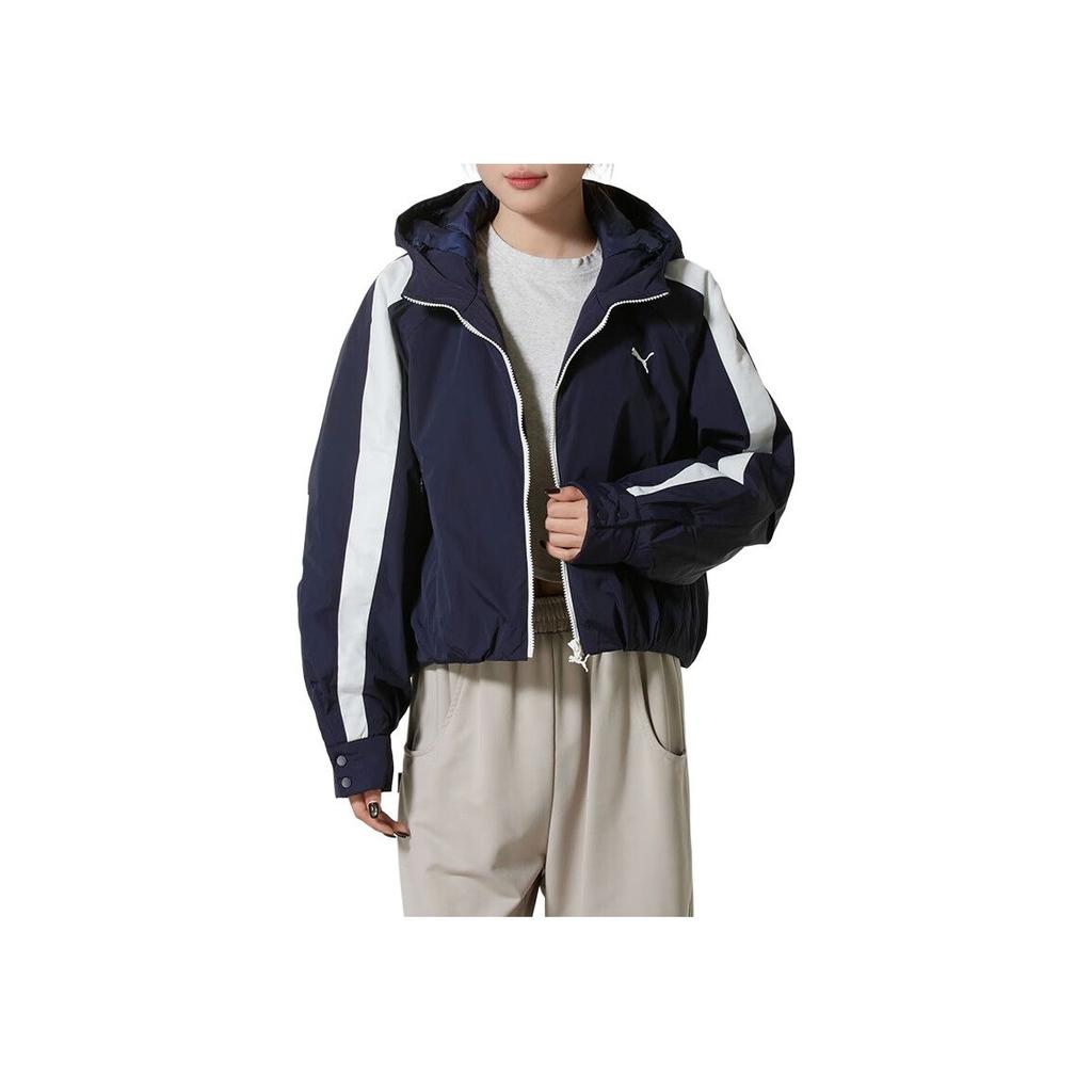 Puma T7 Retro Water-Resistant Warm Loose Sports Casual Hooded Long Sleeve Cotton Jacket Women Jackets Navy-Blue 637441-16