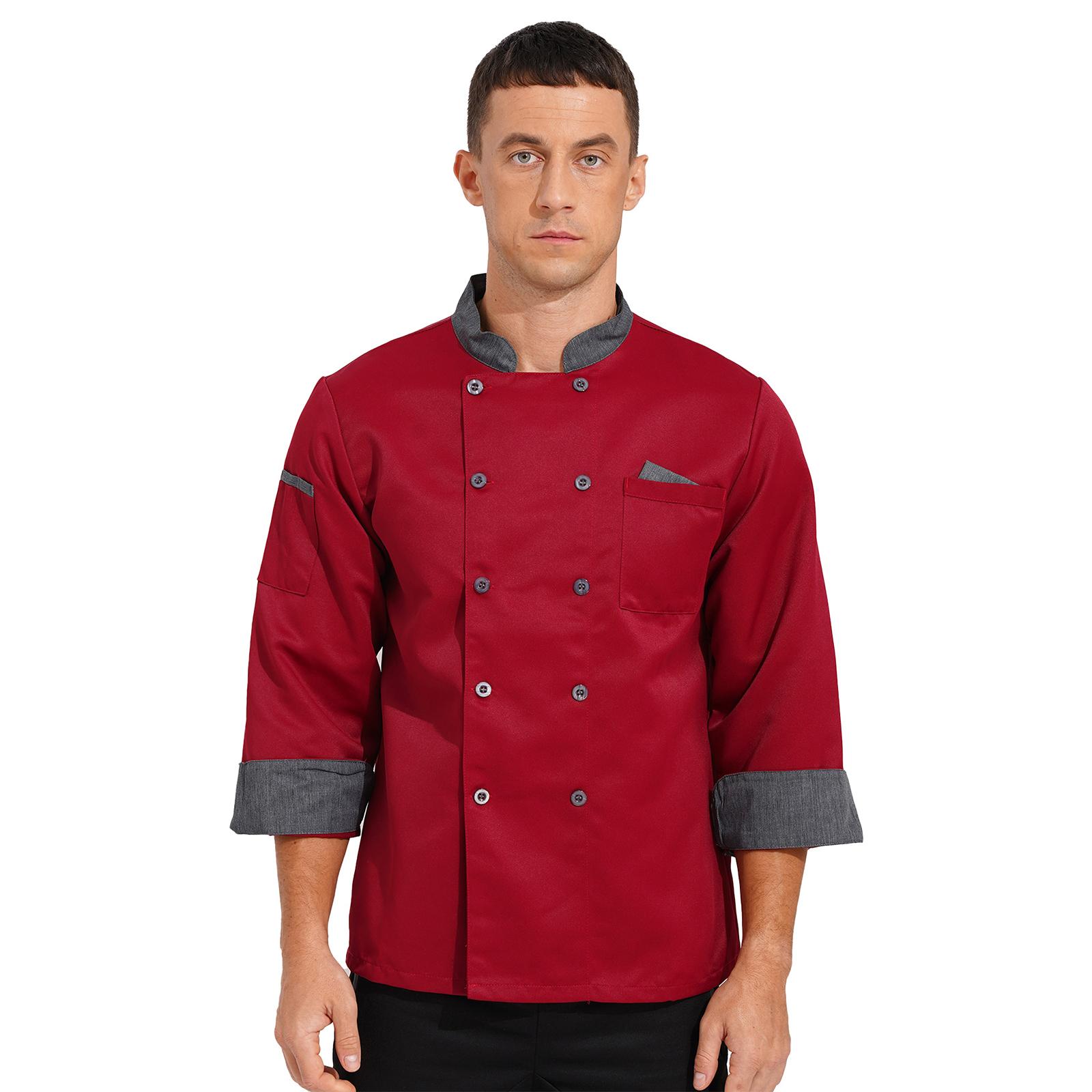 

Unisex Double Breasted Chef Coat Long Sleeve Stand Collar Contrast Trim Cook Jacket for Restaurant Hotel Kitchen Staff 4XL червоний