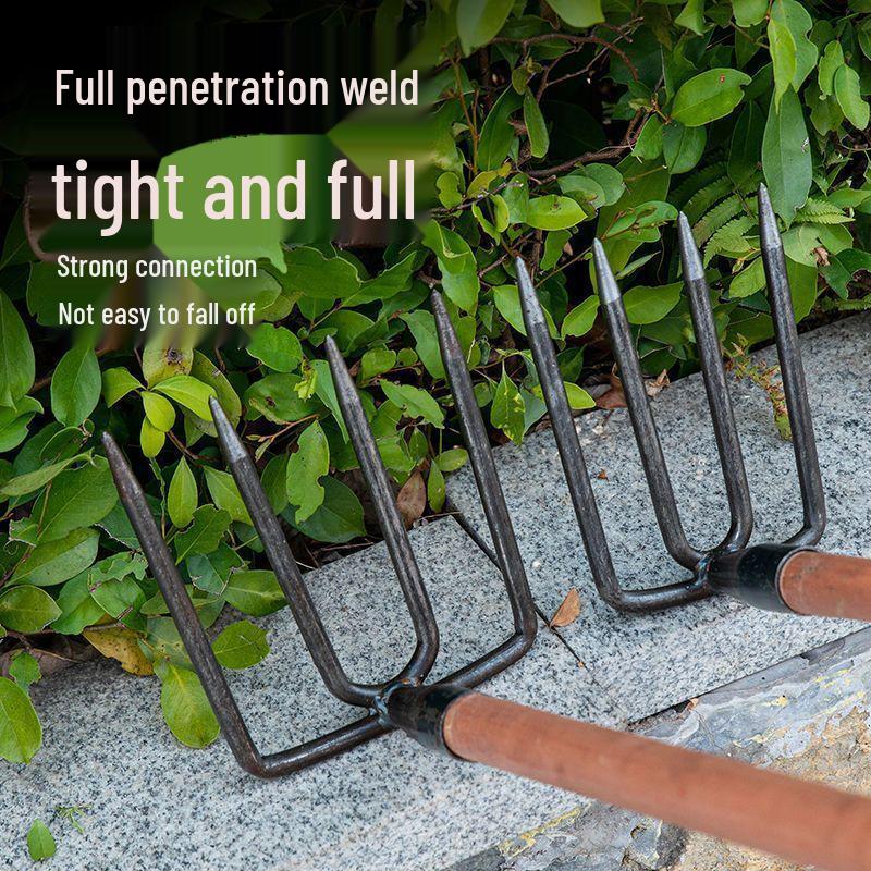 Heavy-Duty Iron Garden Rake: Three or Four Teeth for Soil Turning and Loosening In Vegetable Planting and Land Reclamation.