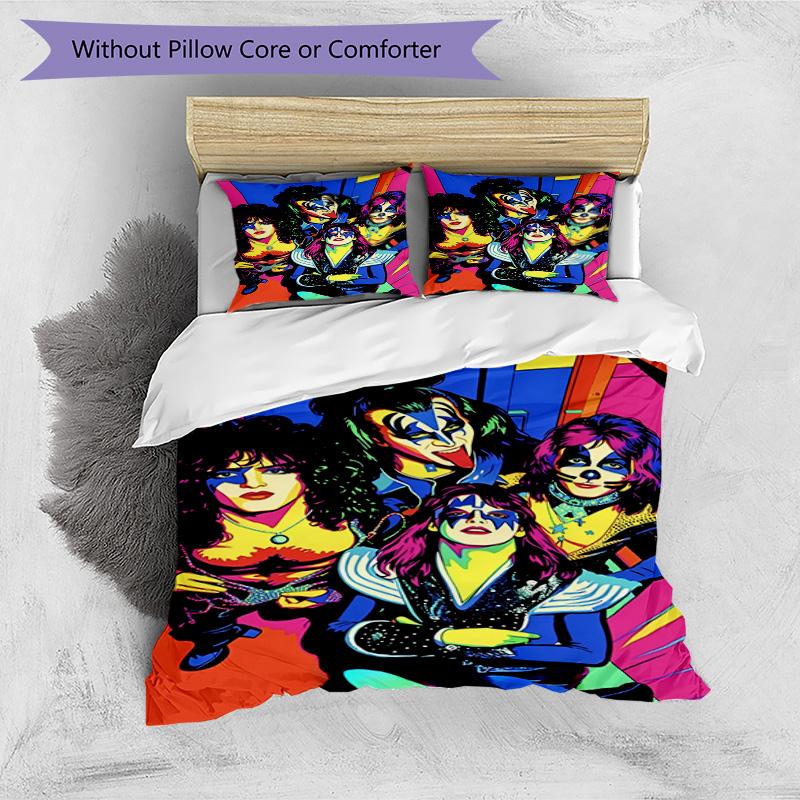 3pcs Duvet Cover Set (1*Duvet Cover + 2*Pillowcase, Without Core), Kiss Rock and Roll Print Bedding Set, Bedroom Decor, All‑Season, Birthday Gift