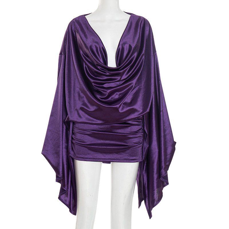 

D25Ds351 European and American Women s Fashion Cross-Border Autumn New Solid Color Elegant Faux Silk Draped Collar Flared Sleeve Bodycon Dress Purple (Already Made) S