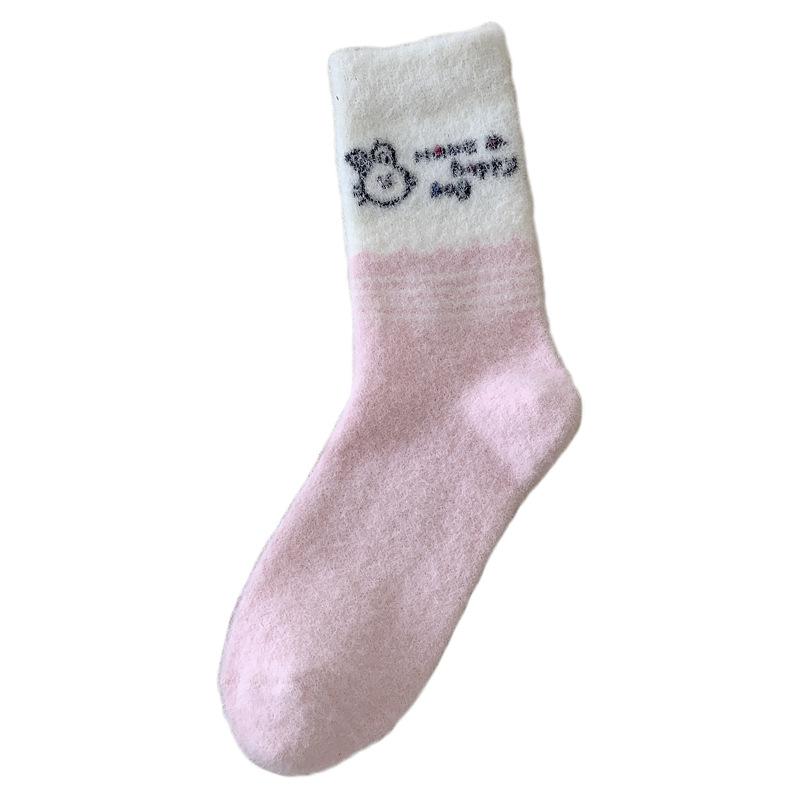 Pink Australian Velvet Socks Season Warm Medium Tube Socks Piled Thickened Home Sleep Socks Cute Cartoon Stockings