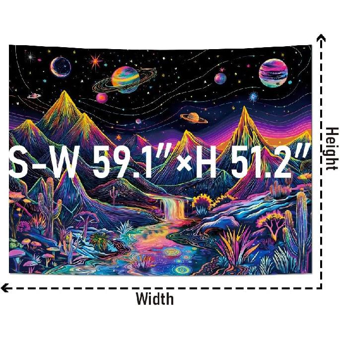 Leofanger Tapiz de montaña con luz negra, tapiz floral de plantas trippy, reactivo a los rayos UV, tapiz de pared con galaxia, planeta, cascada de