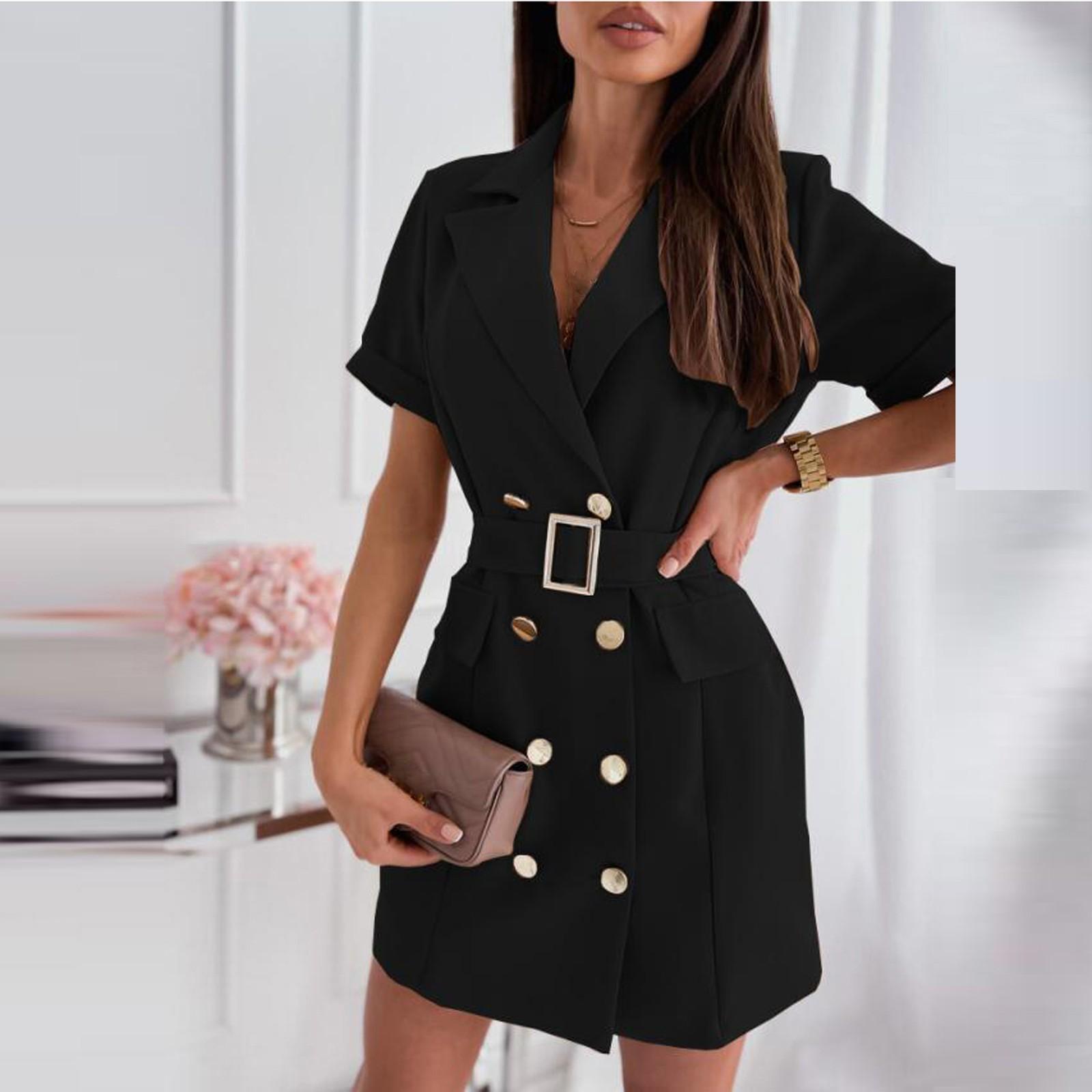 

Женский повседневный модный костюм с короткими рукавами и пуговицами, украшенный пуговицами S чёрный