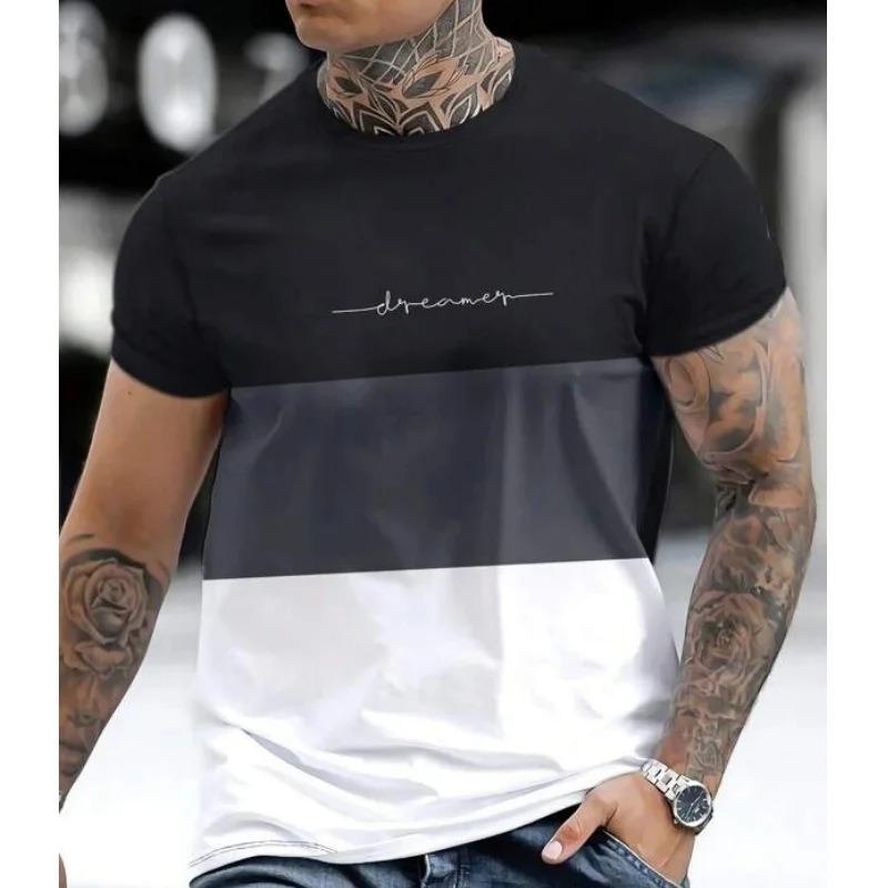 Men Summer New Printed Color Block Short Sleeve Crew Neck T Shirt Casual Contrast Top