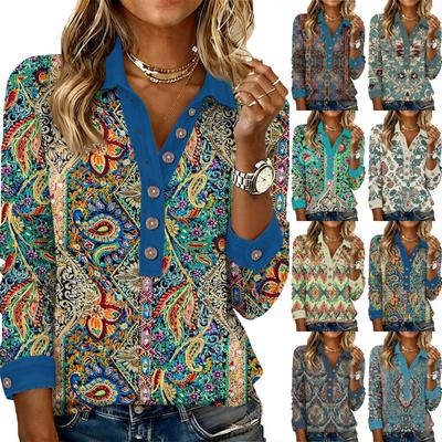 Modisches und entspanntes V-Ausschnitt Langarm Hemd mit Retro-Print zum Überziehen für Damen