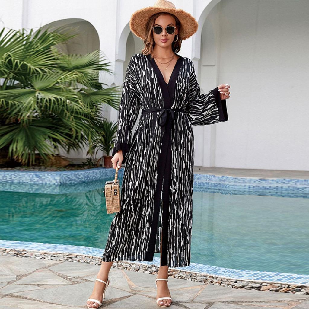 Cotton print resort beach jacket sunscreen cardigan long bikini top swimsuit blouse