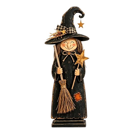 Vintage Wooden Witch Ornaments Figurine, Halloween Statues with Rustic Home Decor Broom Pumpkin Black Cat, Fall Farmhouse Tabletop Decorations