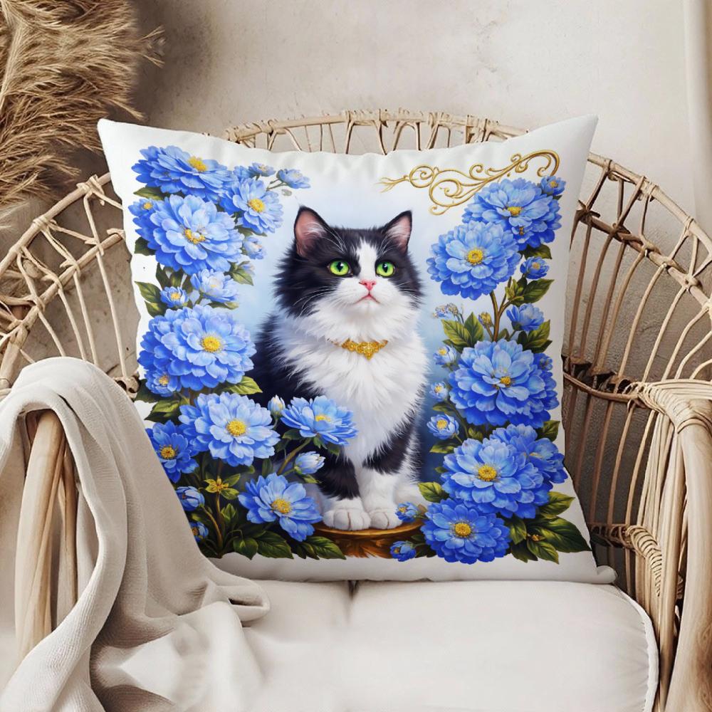 Cushion Cover White Cat With Blue Flowers And Golden Collar Decorative Pillow For Living Room Bedroom Or Chair