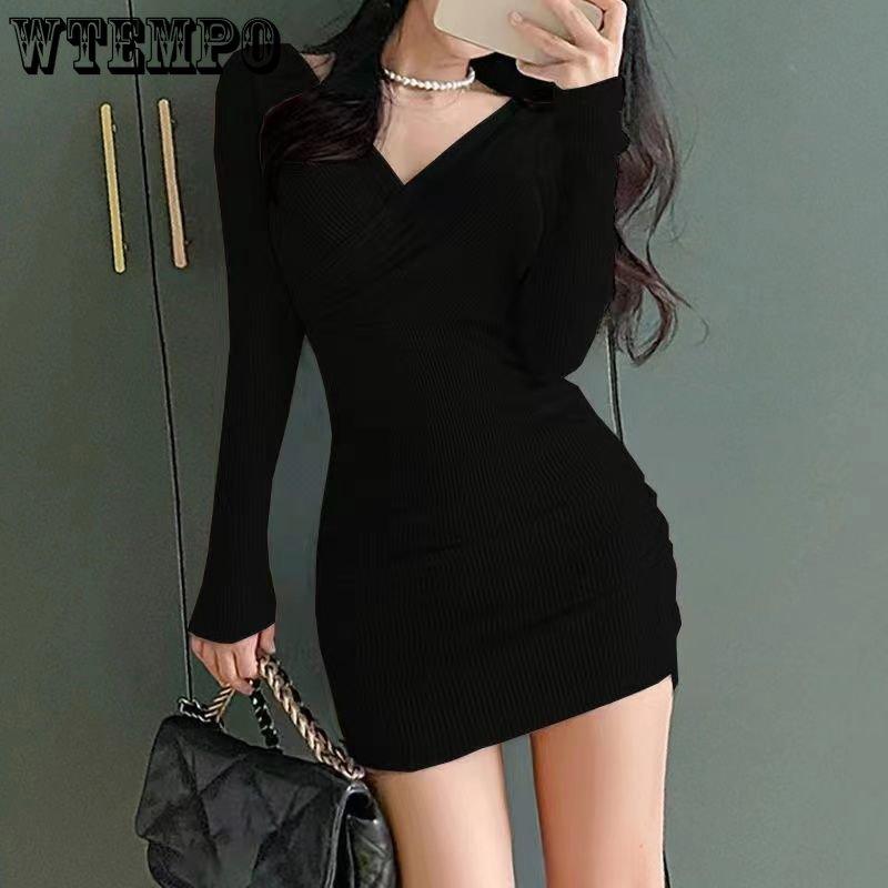 Spring and Autumn Women's Dress Skinny Knitted Dress Waist Wrapped Hip Bottom Skirt V-neck Skinny Pleated Long Sleeve Bottom Dress