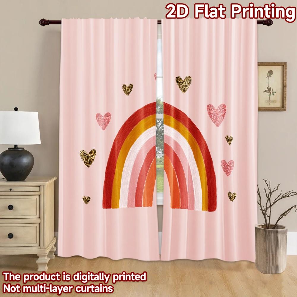 2D flat printing 2pcs Curtain Colorful Rainbow Heart Design Digital Printed Polyester Drapes Birthday Party Use for Holiday