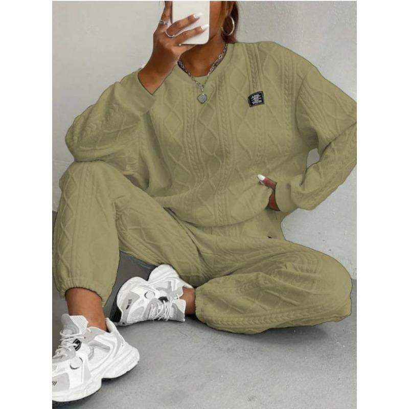 Women Fashion Casual Two Piece Set Long Sleeve Jacquard Sweatshirt And Long Pants