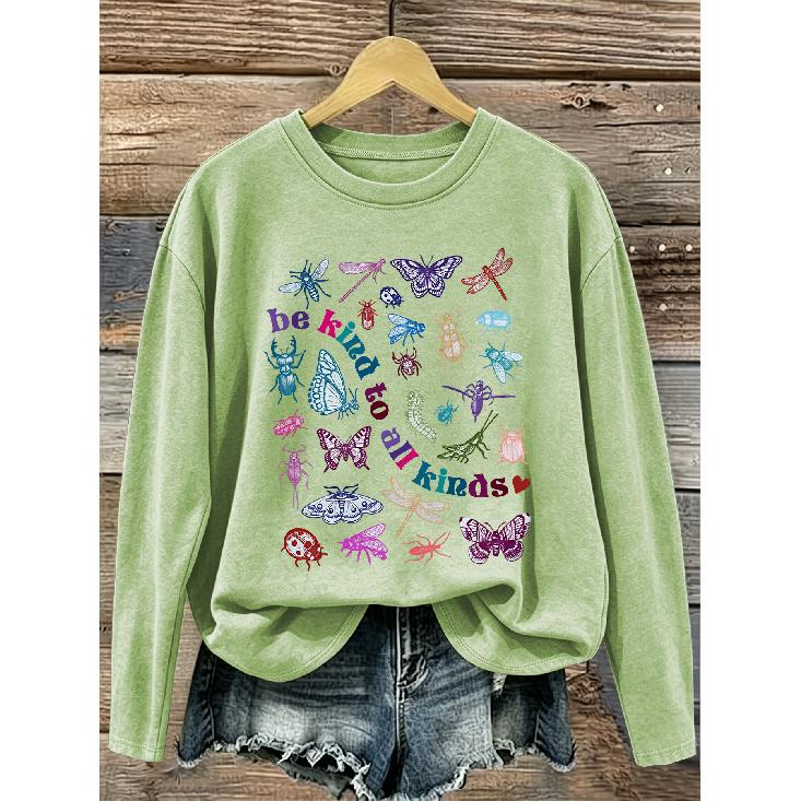 2026 New Women Autumn Winter Tops Letter And Insect Print Crew Neck Long Sleeve T Shirt Can Be Worn As Inner Layer
