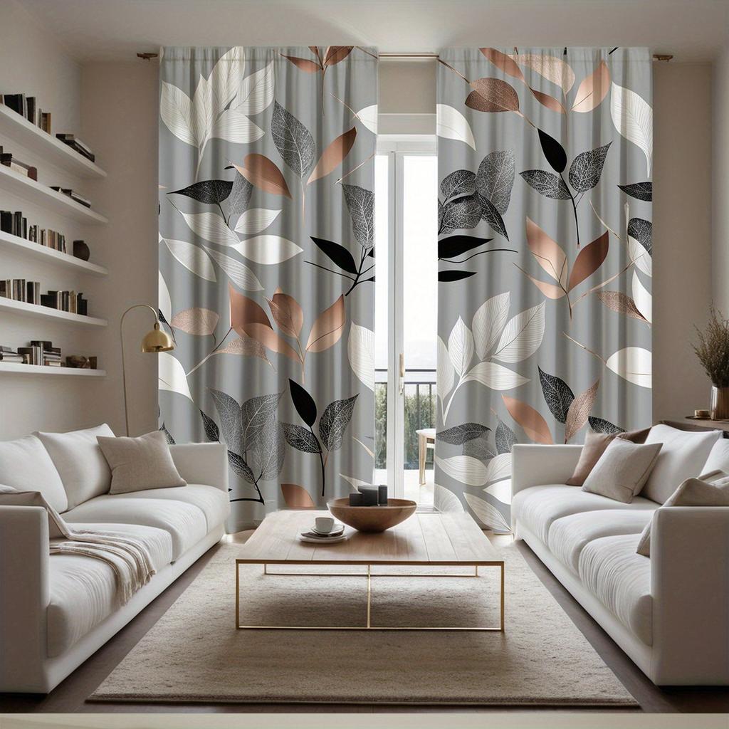 2 Pcsets Of Fashionable Leaf Print Curtains, Polyester Fabric, Machine Washable, Suitable For Living Room Or Bedroom Decoration