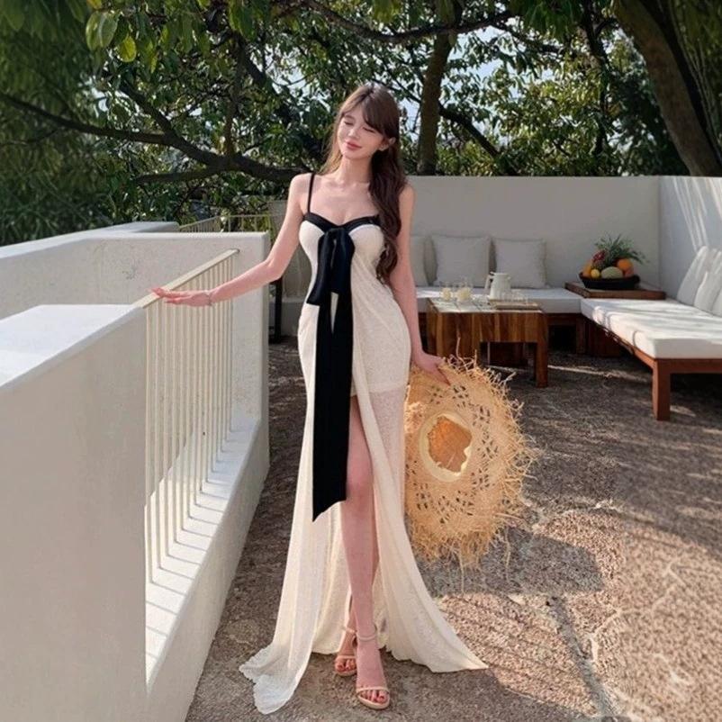 French white mesh suspender dress women's clothing is beautiful in summer, pure desire temperament, slim-fitting hip-wrapped split-fork long dress