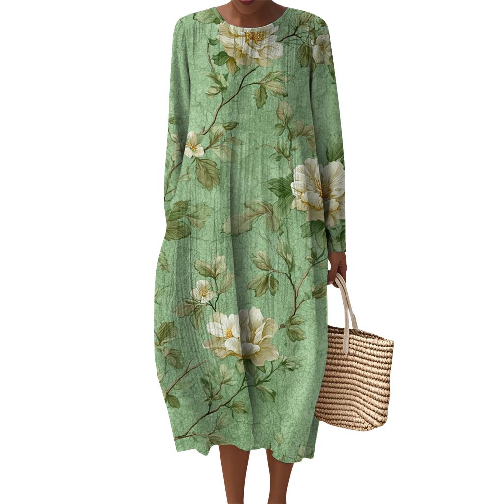 Women's Fashionable Casual Long-Sleeved Round Neck Floral Print Zipper Dress