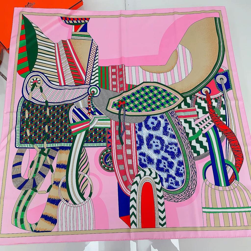 90CM Manual Hand Rolled Twill Silk Scarf Women Chain Print Square Scarves Wraps Echarpes Silk Foulards Femme Bandana Head Hijab