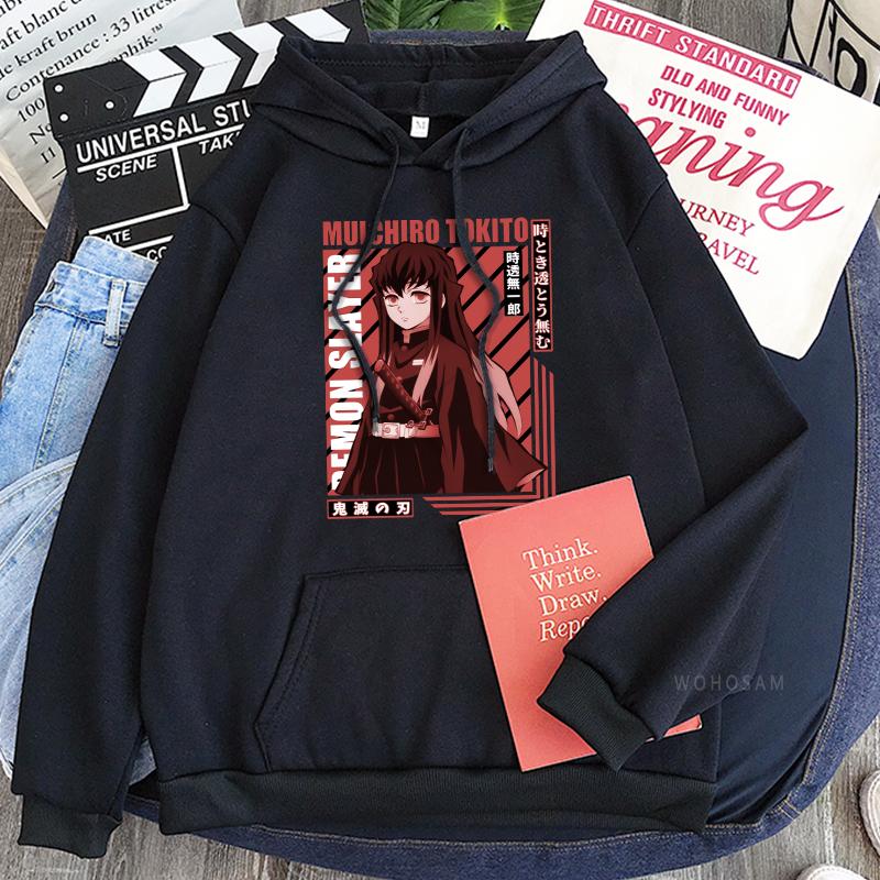 

Harajuku Аниме Demon Slayer Hoodie Cool Tokitou Muichirou Graphic Winter Men Women Kimetsu no Yaiba Y2k Streetwear Sweatshirts XS чёрный