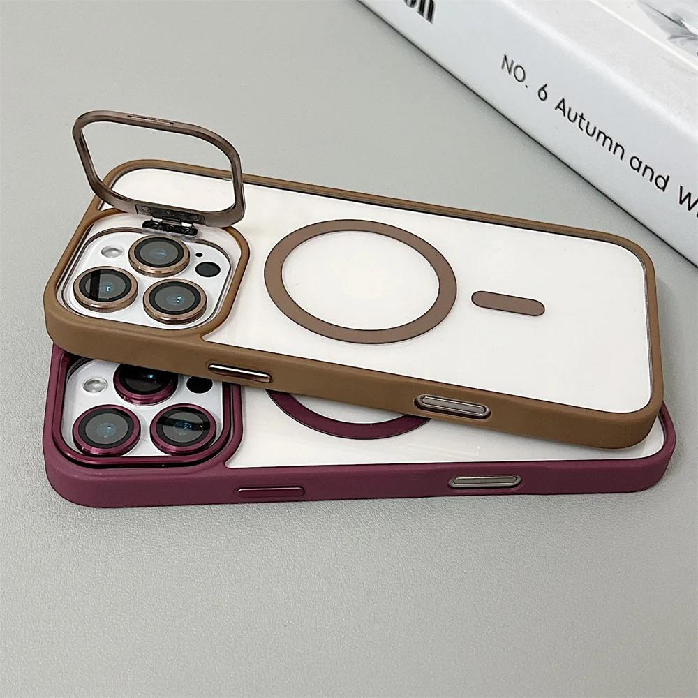 transparent magnetic shockproof phone case For iPhone 16 15 14 13 12 11 Pro Max Plus Magsafe Funda Stand Protection Cover