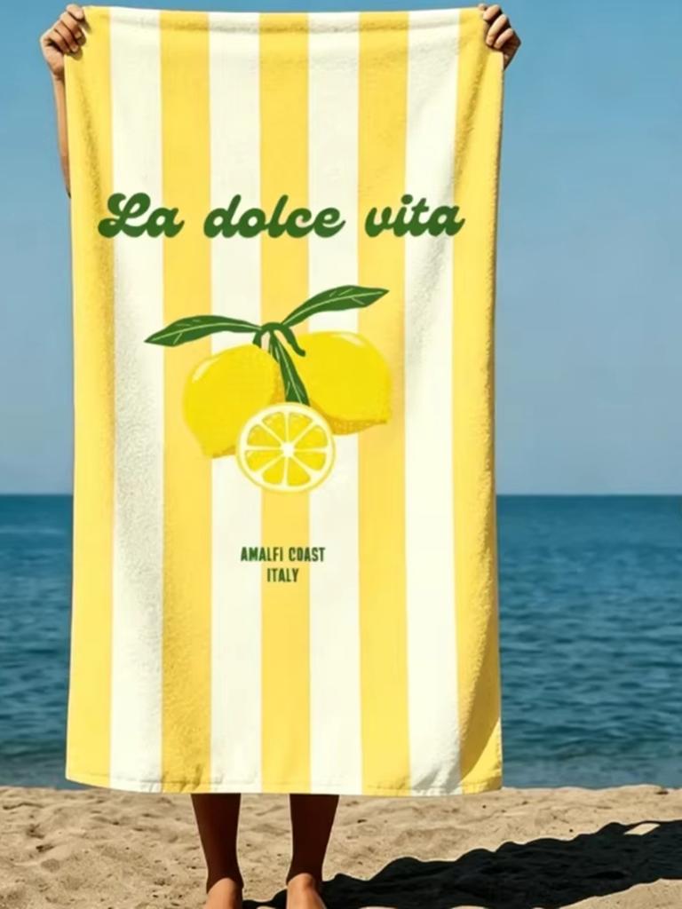 Summer Boho Style Lemons Dolce Vita Text Amalfi Coast Italy Art Style Beach Towel Swimming Pool Microfiber Quick-Dry Sand-Free