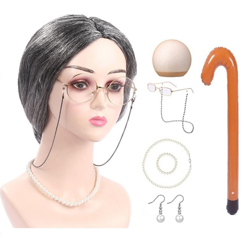Altes Damen Kostüm für Mädchen Perücke Oma Brille Halskette 100 Tage Schule Kostüm Halloween Oma Kostüm Set