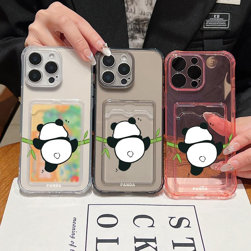 Card Slot Pocket Clear TPU Case For iPhone 17 16 Pro 17e 16e 15 14 13 12 Pro Max 11 Cartoon Panda Soft Silicone Phone Back Cover