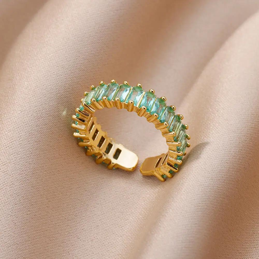 Colorful Cubic Zircon Ring for Women Stainless Steel Gold Color Open Ring Vintage Boho Wedding Party Zircon Gift Accessories