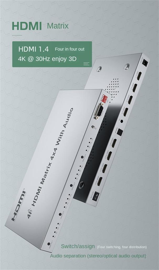 4K HDMI Matrix 4X4 with Audio Extractor HDMI Matrix Switch 4x4 HDMI Matrix Switcher Splitter Selector Box Support HDR 18Gbps EDID RS232 4K@60Hz 2.0