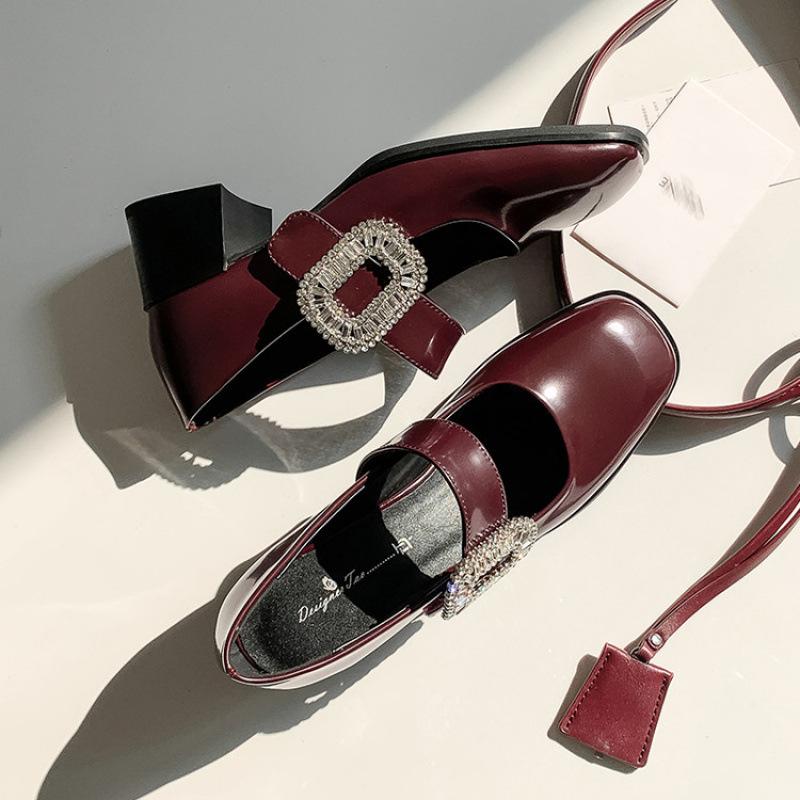 New mid-heel fashion single shoes women's round head non-slip beef tendon sole square heel buckle leather women's shoes wear small leather shoes in 