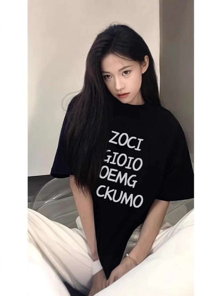 2025 Trendy Women's Pure Cotton Short Sleeve T-Shirt: European & American Style, Loose Straight-Shoulder Design