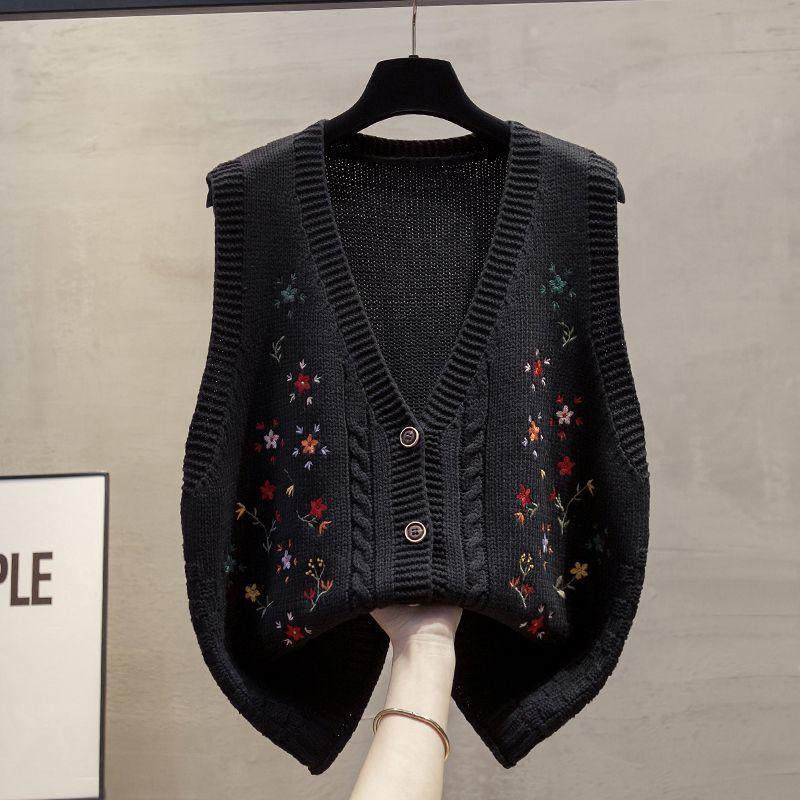 

Женский вышитый вязаный кардиган-жилет весна-осень V-образный вырез вязаный безрукавный топ верхняя одежда L чёрный