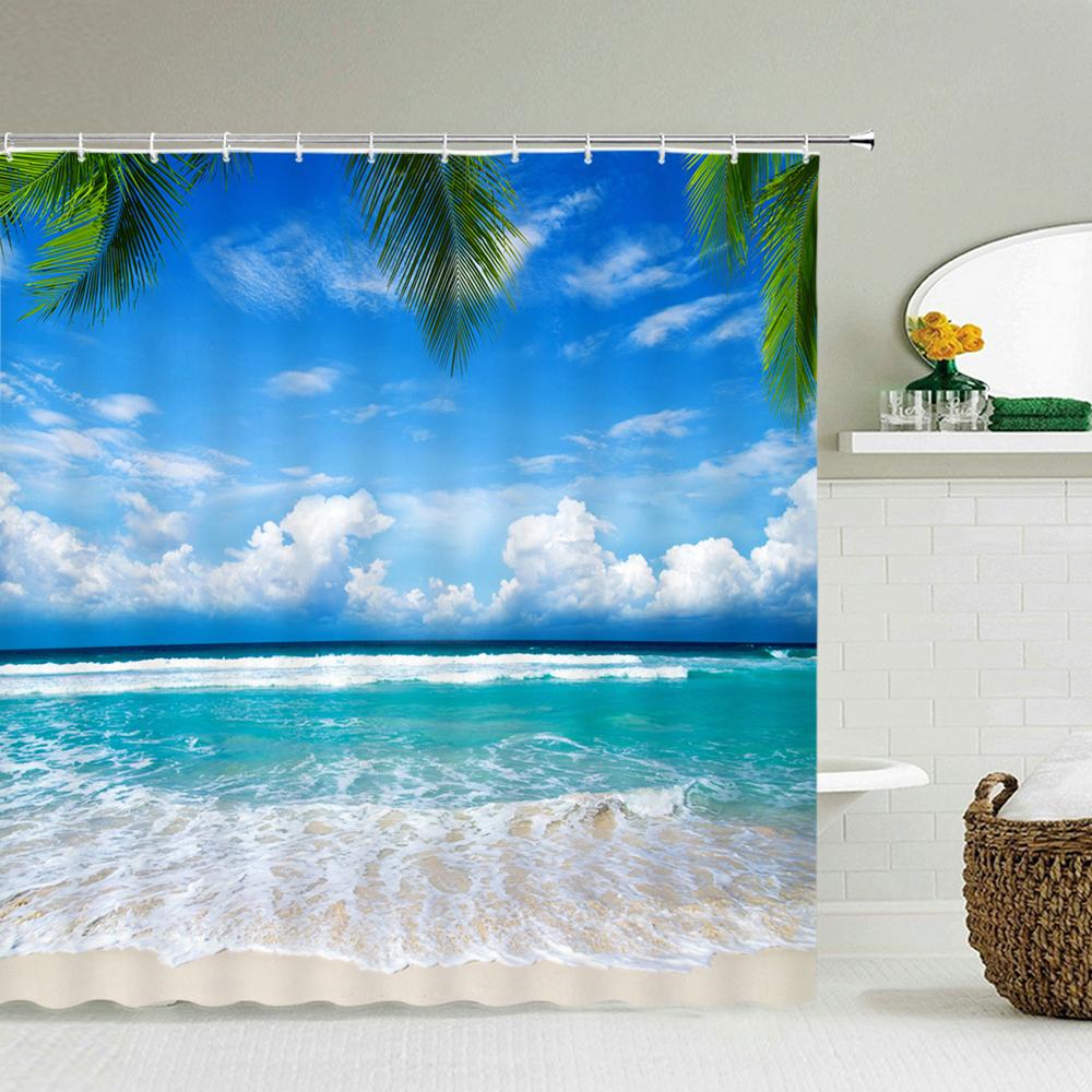 3d Beach Scenery Shower Curtains Sea Ocean Mediterranean Bathroom Curtain Waterproof Cloth Decoration 180*240cm Bath Curtain