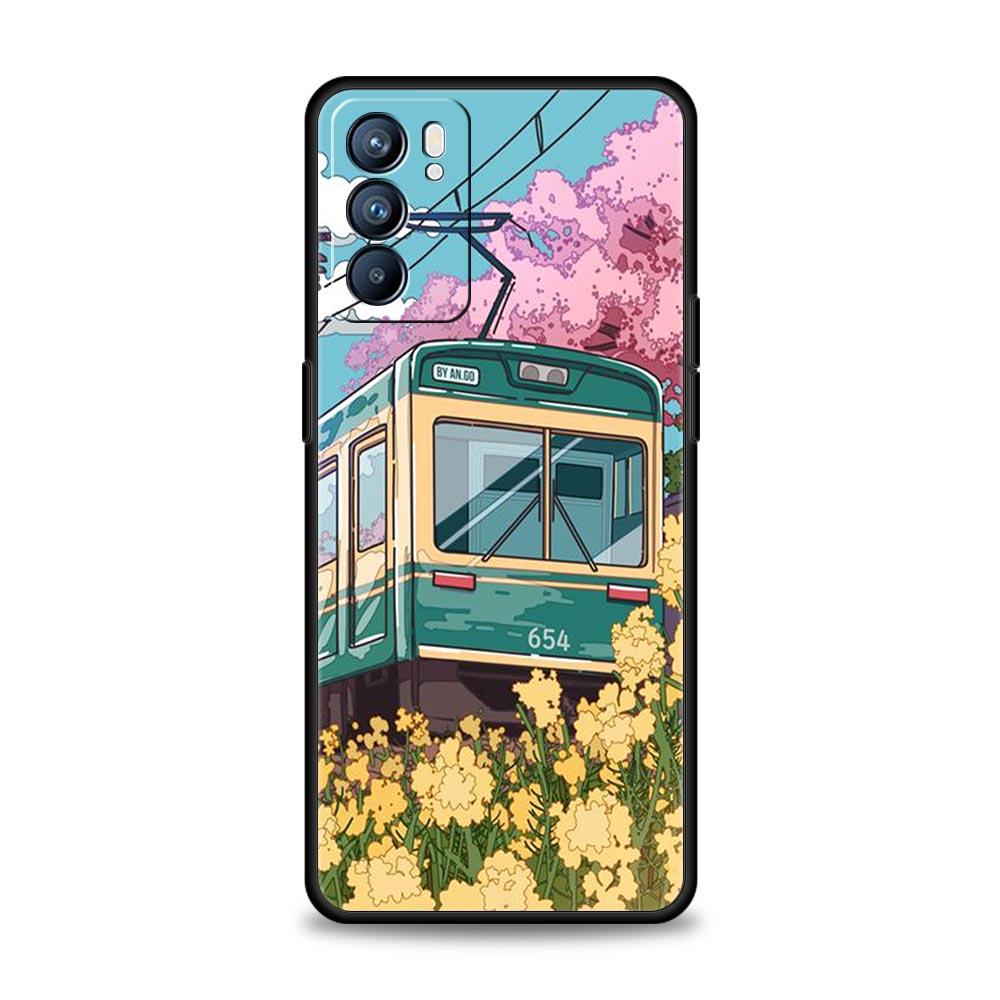 Cherry Japanese Traint Moun Fuji For Oppo Reno7 Reno6 Pro Plus A54 5G Case Find X6 X5 A53 A52 A9 A15 A95 A17 A16 A76 A74 Cover