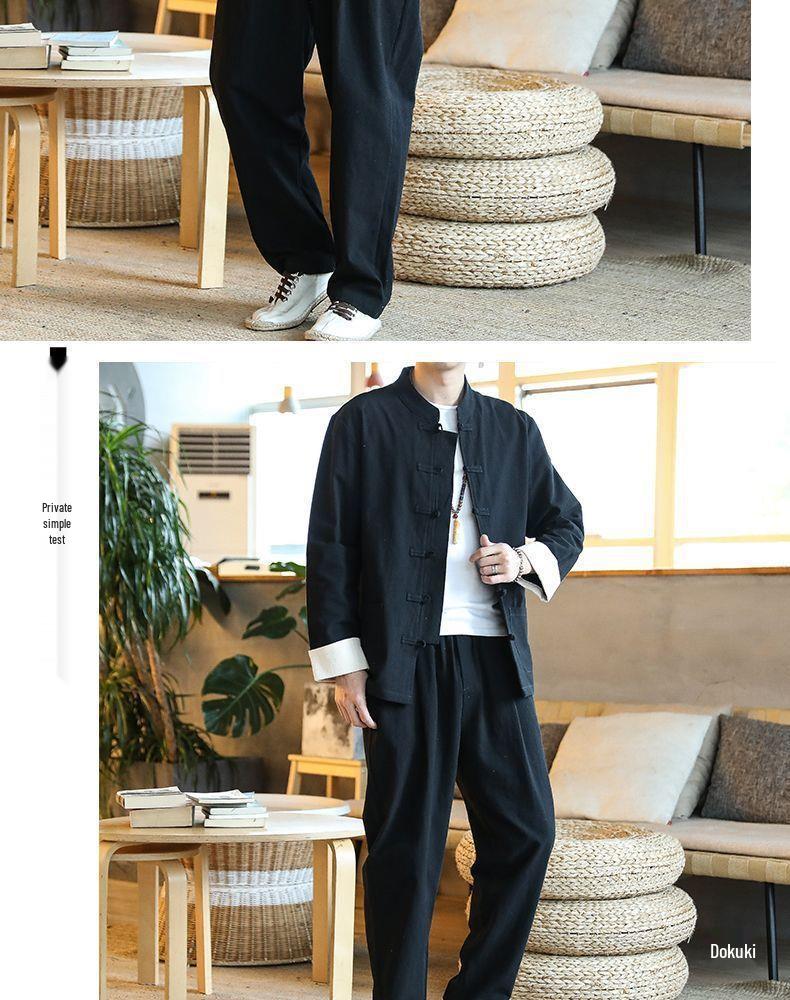 Men's Tang Suit Cotton & Linen Hanfu: Traditional Chinese Costume for Meditation & Tea Ceremonies (Spring-Summer-Fall)