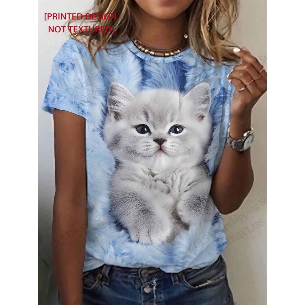 T-Shirt Cartoon Süßes Tier Katze Hübsch 3D-Druck T-Shirt Damen Mode Kurzarm Lässige Tops T-Shirts Damenbekleidung