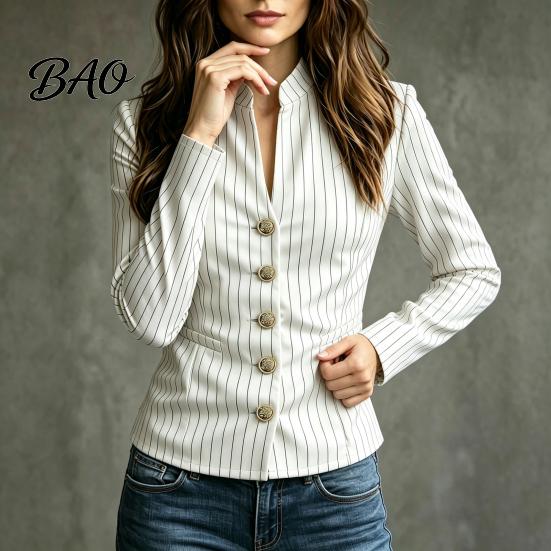 Women Slim Fit Blazer Stand Collar Striped Blazer, Single-Breasted Casual Jacket Blouse Top, Office Business Outerwear Slimming Waist Coat