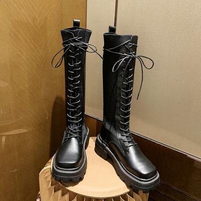 Fashion Chunky Plateaustiefel Damen Herbst Winter Dicker Boden Lange Stiefel Frau Schwarz PU Leder Kniehohe Botas