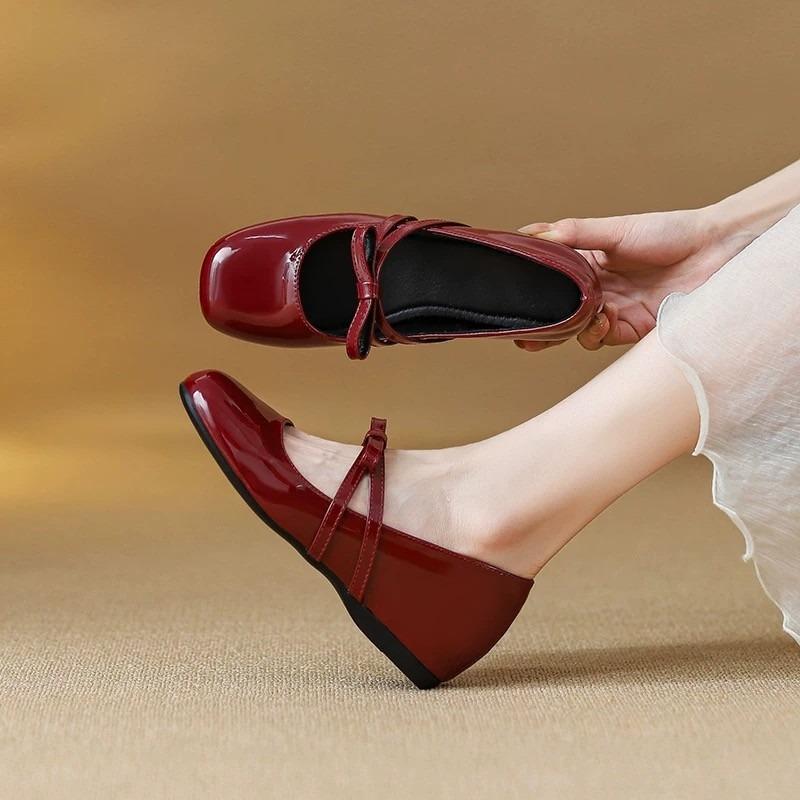 Fashion Square Toe Single Shoes Women's New French Bow Inside Heightened Small Flat Soft Slip-on Small Leather Shoes