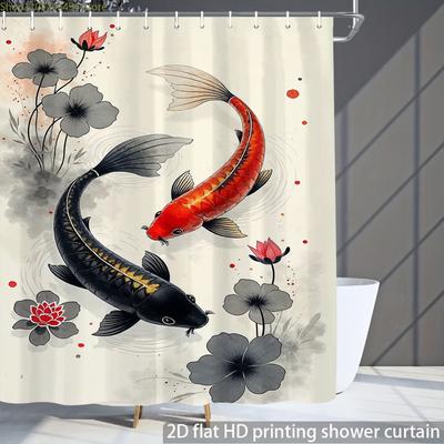 1pc Koi Fish Swimming with Flowers Bath Curtain - Elegant Aquatic Plant & Koi Fish, Semi- Shower Curtain Suitable for Bathtub