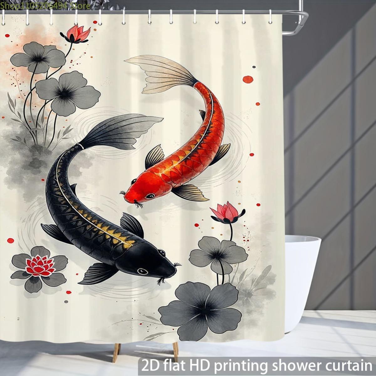 Textile Article Light 1Pc Koi Fish Swimming With Flowers Bath Curtain - Elegant Aquatic Plant & Koi Fish, Semi- Shower Curtain Suitable For Bathtub