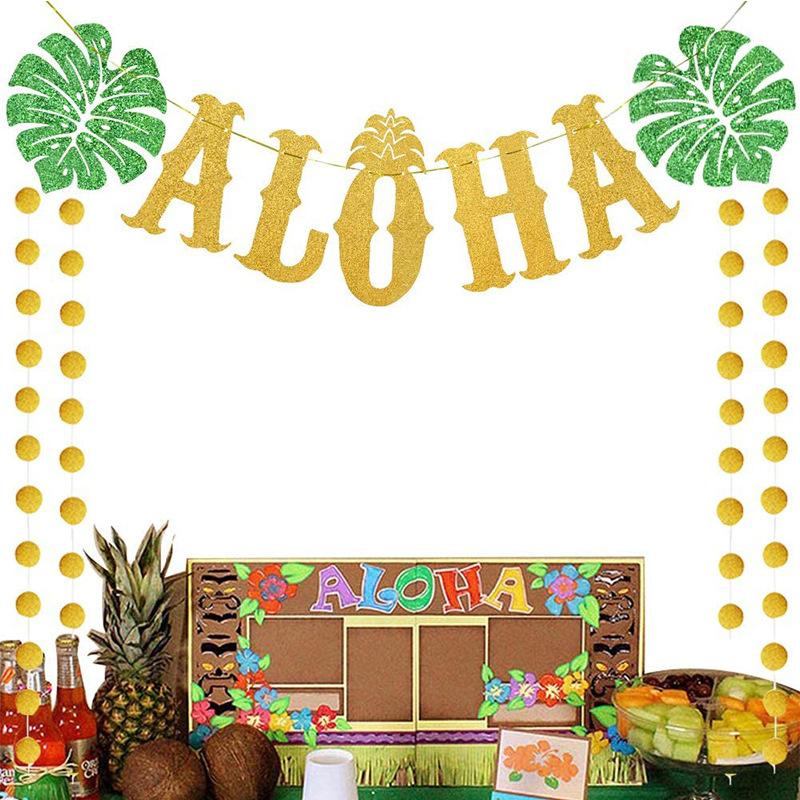 Hawaiian Party Decorations - Gold Glittery Aloha Banner for Hawaii Tropical Luau Themed Party Supplies