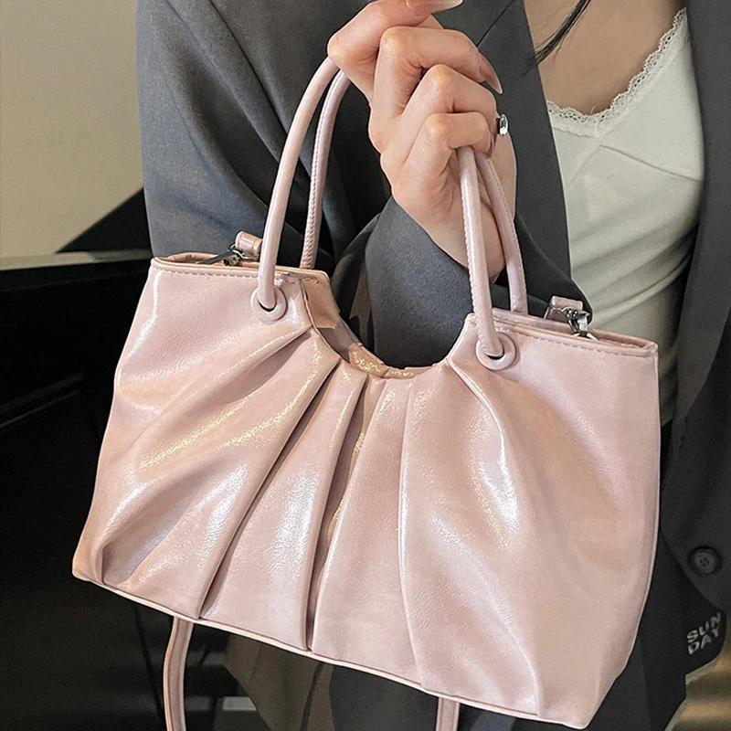 Vintage Pleated Women Crossbody Bag Fashion Pu Leather Tote Bucket Bag Large Capacity Commuting Shoulder Handbag